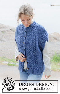 Stormy Ocean Vest / DROPS 254-25 - Knitted over-sized vest with opening in DROPS Soft Tweed and DROPS Kid-Silk. The piece is worked bottom up with cables, diagonal shoulders, round neck, rolled edges and I-cord. Sizes S - XXXL.
