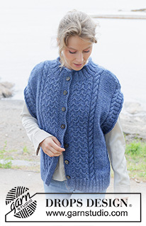 Stormy Ocean Vest / DROPS 254-25 - Knitted over-sized vest with opening in DROPS Soft Tweed and DROPS Kid-Silk. The piece is worked bottom up with cables, diagonal shoulders, round neck, rolled edges and I-cord. Sizes S - XXXL.