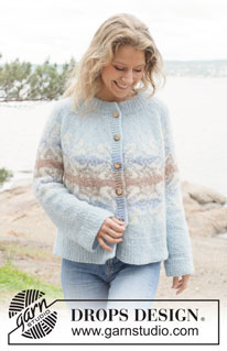Winter Swirl Cardigan / DROPS 254-28 - Kötött kardigán DROPS Air fonalból. A darabot fentről lefelé irányban készítjük, kerek vállrésszel, nagy csillagos norvégmintával zsinórkötéssel és dupla nyakkal. S - XXXL méretekben.