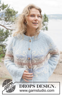 Winter Swirl Cardigan / DROPS 254-28 - Kötött kardigán DROPS Air fonalból. A darabot fentről lefelé irányban készítjük, kerek vállrésszel, nagy csillagos norvégmintával zsinórkötéssel és dupla nyakkal. S - XXXL méretekben.