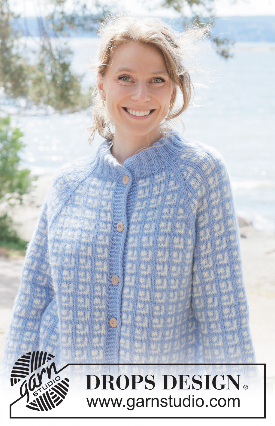 River Breakup Cardigan / DROPS 254-29 - Knitted jacket in DROPS Air. The piece is worked top down with raglan, Nordic pattern, double neck and I-cord. Sizes S - XXXL.