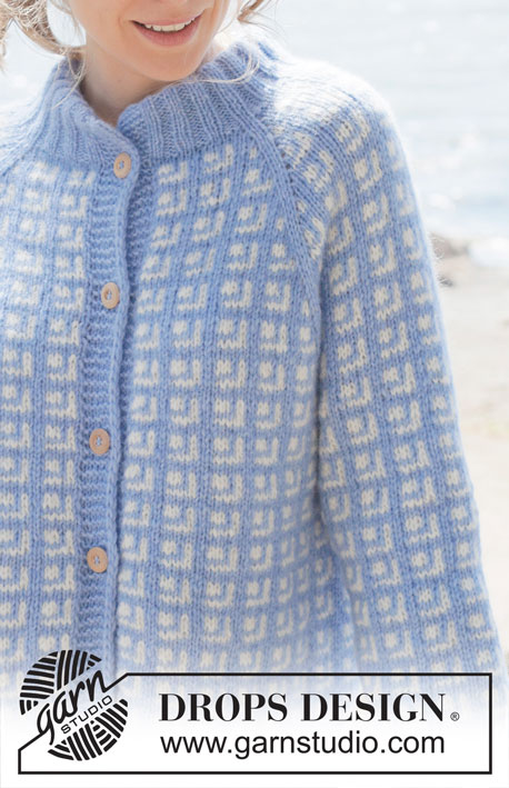 River Breakup Cardigan / DROPS 254-29 - Knitted jacket in DROPS Air. The piece is worked top down with raglan, Nordic pattern, double neck and I-cord. Sizes S - XXXL.