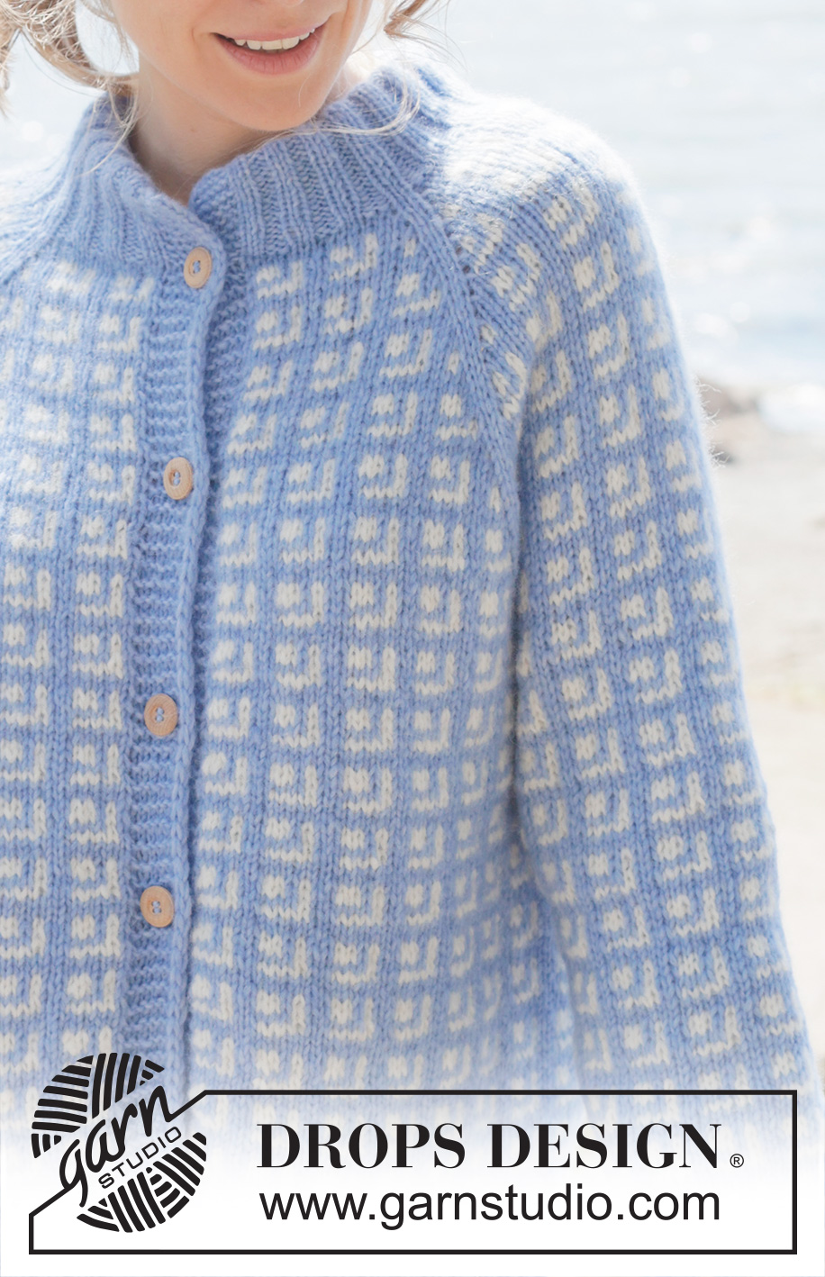 River Breakup Cardigan / DROPS 254-29 - Knitted jacket in DROPS Air. The piece is worked top down with raglan, Nordic pattern, double neck and I-cord. Sizes S - XXXL.
