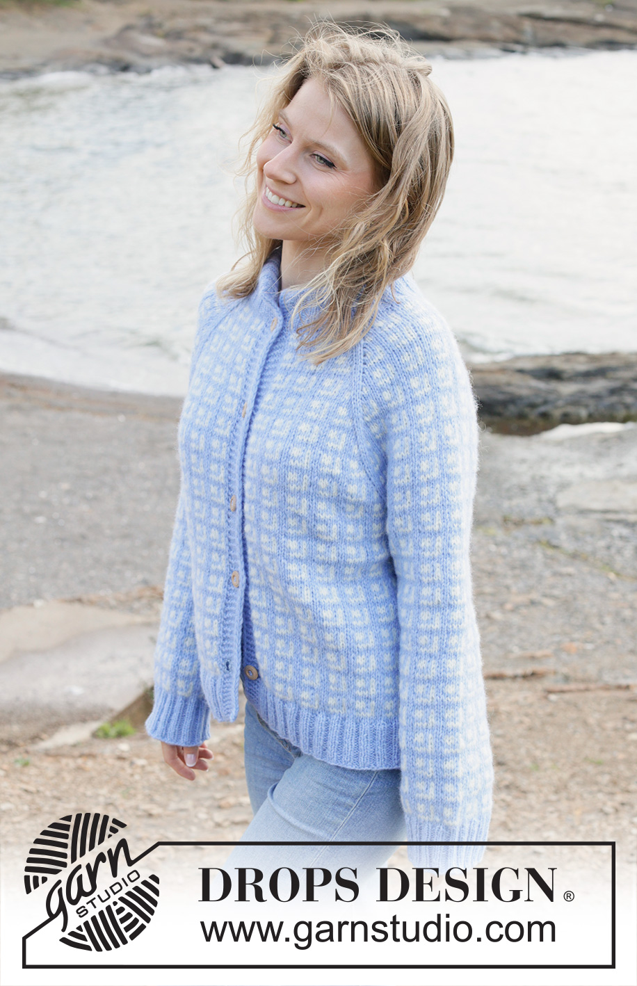 River Breakup Cardigan / DROPS 254-29 - Knitted jacket in DROPS Air. The piece is worked top down with raglan, Nordic pattern, double neck and I-cord. Sizes S - XXXL.