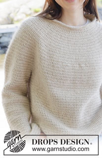 Oatmeal Sweater / DROPS 254-32 - Crocheted jumper in DROPS Puna and DROPS Kid-Silk, or in DROPS Daisy and DROPS Kid-Silk. The piece is worked top down with round yoke and lobster stitch. Sizes S - XXXL.