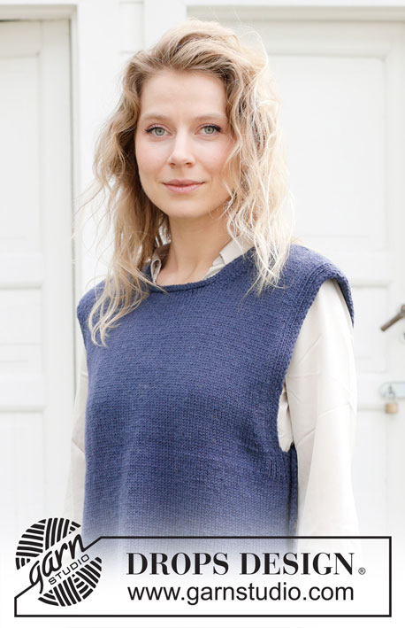 Blue Night Vest / DROPS 254-34 - Gebreide top in DROPS Lima. Het werk wordt van onder naar boven gebreid met ronde hals, split in de zijkanten en PUNNIKRAND. Maten S - XXXL.