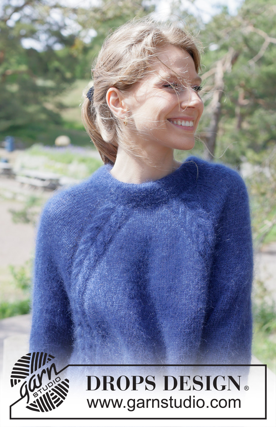Sea Feather / DROPS 254-5 - Knitted sweater in 2 strands DROPS Kid-Silk. Piece is knitted top down with raglan, cables and double neck edge. Size: S - XXXL