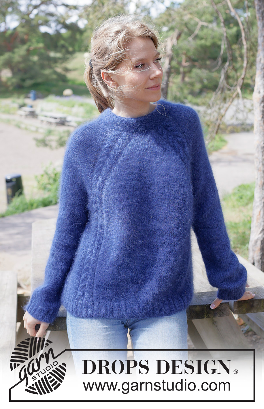 Sea Feather / DROPS 254-5 - Knitted sweater in 2 strands DROPS Kid-Silk. Piece is knitted top down with raglan, cables and double neck edge. Size: S - XXXL