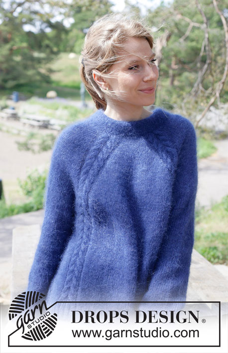 Sea Feather / DROPS 254-5 - Knitted sweater in 2 strands DROPS Kid-Silk. Piece is knitted top down with raglan, cables and double neck edge. Size: S - XXXL