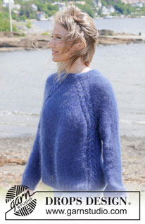 Sea Feather / DROPS 254-5 - Knitted sweater in 2 strands DROPS Kid-Silk. Piece is knitted top down with raglan, cables and double neck edge. Size: S - XXXL