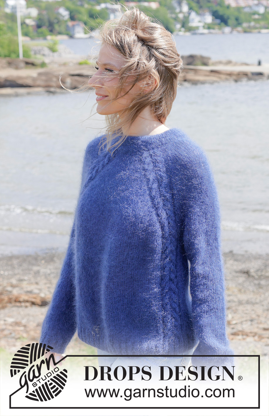 Sea Feather / DROPS 254-5 - Knitted sweater in 2 strands DROPS Kid-Silk. Piece is knitted top down with raglan, cables and double neck edge. Size: S - XXXL