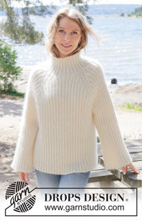 White Heron / DROPS 254-7 - Knitted jumper in 1 strand DROPS Alpaca and 2 strands DROPS Kid-Silk. The piece is worked top down with cables, raglan and rib. Sizes S - XXXL.
