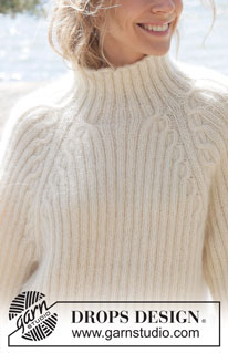 White Heron / DROPS 254-7 - Knitted jumper in 1 strand DROPS Alpaca and 2 strands DROPS Kid-Silk. The piece is worked top down with cables, raglan and rib. Sizes S - XXXL.