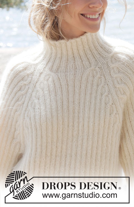White Heron / DROPS 254-7 - Knitted jumper in 1 strand DROPS Alpaca and 2 strands DROPS Kid-Silk. The piece is worked top down with cables, raglan and rib. Sizes S - XXXL.