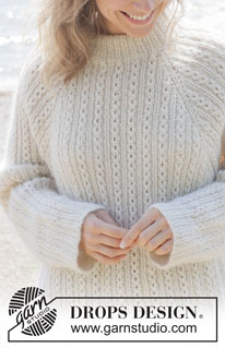 Winter Pearl Sweater / DROPS 255-1 - Gebreide trui in DROPS Alpaca en DROPS Kid-Silk. Het werk wordt van boven naar beneden gebreid met dubbele halsrand, raglan en kabels. Maten S - XXXL.