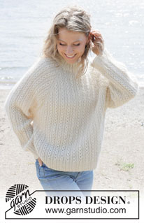 Winter Pearl Sweater / DROPS 255-1 - Gebreide trui in DROPS Alpaca en DROPS Kid-Silk. Het werk wordt van boven naar beneden gebreid met dubbele halsrand, raglan en kabels. Maten S - XXXL.