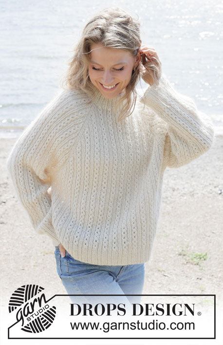 Winter Pearl Sweater / DROPS 255-1 - Gebreide trui in DROPS Alpaca en DROPS Kid-Silk. Het werk wordt van boven naar beneden gebreid met dubbele halsrand, raglan en kabels. Maten S - XXXL.