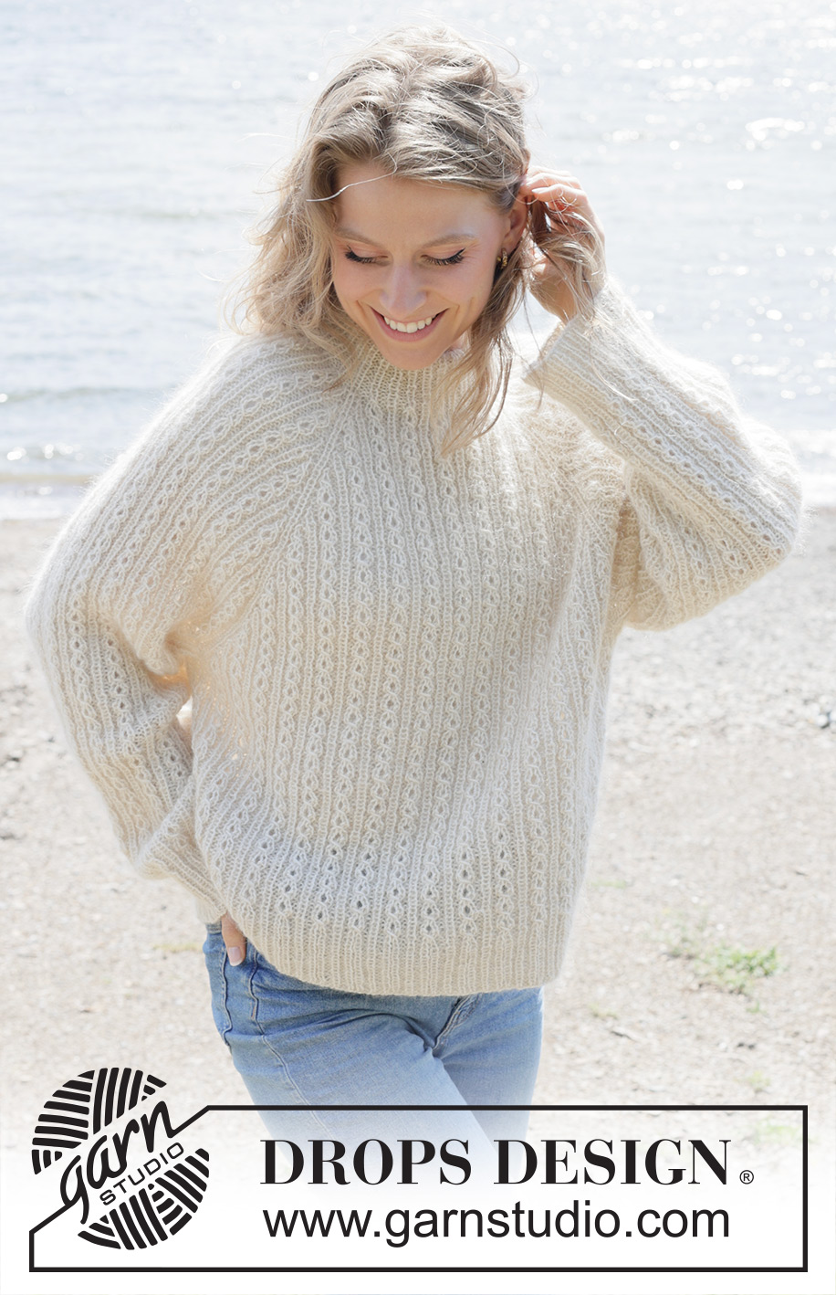 Winter Pearl Sweater / DROPS 255-1 - Gebreide trui in DROPS Alpaca en DROPS Kid-Silk. Het werk wordt van boven naar beneden gebreid met dubbele halsrand, raglan en kabels. Maten S - XXXL.