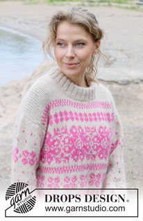 Bright Rose / DROPS 255-10 - Sweter na drutach, przerabiany od góry do dołu z włóczki DROPS Air. Z europejskimi ramionami / skosami ramion, żakardem norweskim i podwójnym wykończeniem dekoltu. Od S do XXXL.