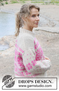 Bright Rose / DROPS 255-10 - Sweter na drutach, przerabiany od góry do dołu z włóczki DROPS Air. Z europejskimi ramionami / skosami ramion, żakardem norweskim i podwójnym wykończeniem dekoltu. Od S do XXXL.