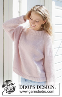 Rose Moon / DROPS 255-11 - Sweter na drutach, przerabiany od góry do dołu, z włóczek DROPS Daisy i DROPS Kid-Silk lub DROPS Merino Extra Fine i DROPS Kid-Silk. Z reglanowymi rękawami i podwójnym wykończeniem dekoltu. Od XS do XXL.