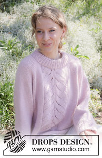 Twilight Trail / DROPS 255-12 - Sweter na drutach, przerabiany od góry do dołu, z włóczek DROPS Daisy i DROPS Kid-Silk lub DROPS Merino Extra Fine i DROPS Kid-Silk. Z reglanowymi rękawami, ściegiem ażurowym i podwójnym wykończeniem dekoltu. Od XS do XXL.
