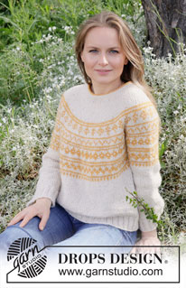 Sun Wreath / DROPS 255-13 - Strikket bluse i DROPS Air. Arbejdet strikkes oppefra og ned med rundt bærestykke, nordisk mønster og dobbelt halskant. Størrelse S - XXXL.