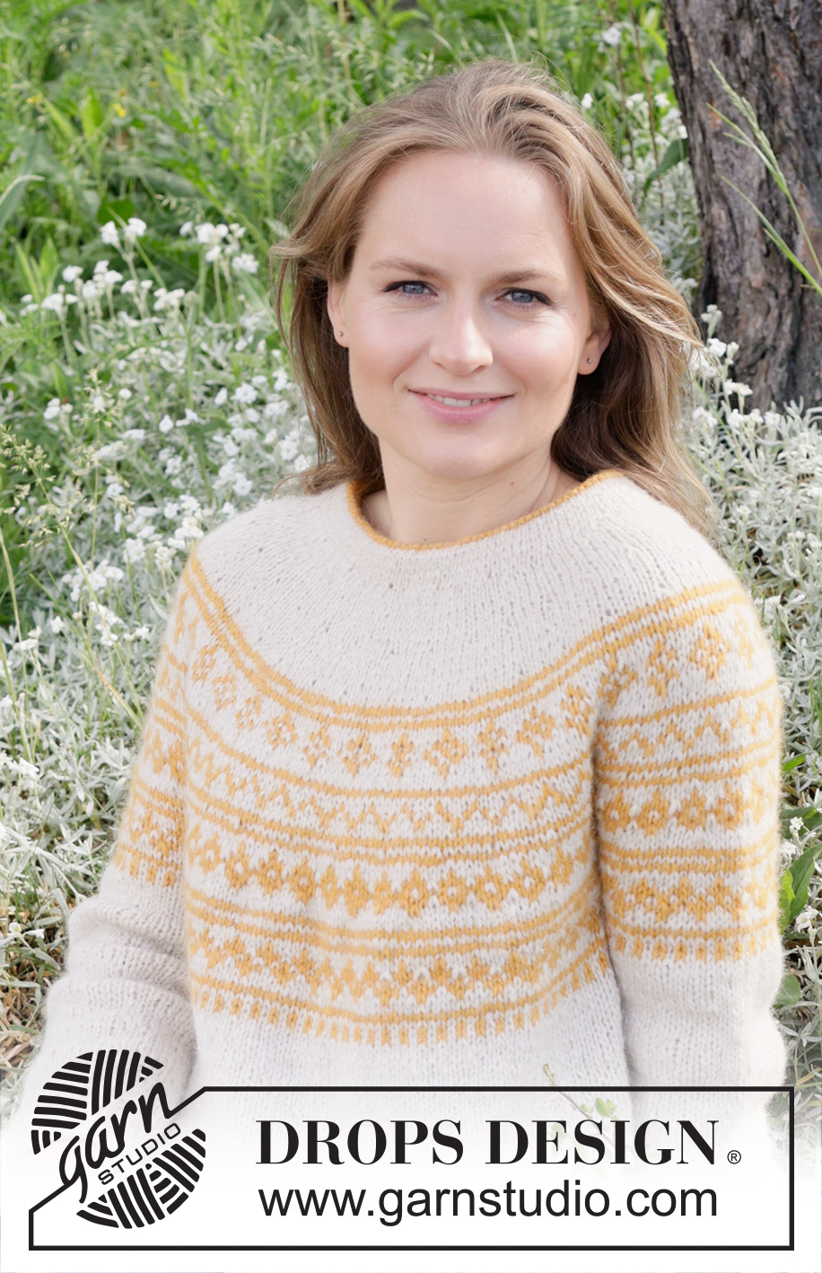 Sun Wreath / DROPS 255-13 - Strikket bluse i DROPS Air. Arbejdet strikkes oppefra og ned med rundt bærestykke, nordisk mønster og dobbelt halskant. Størrelse S - XXXL.