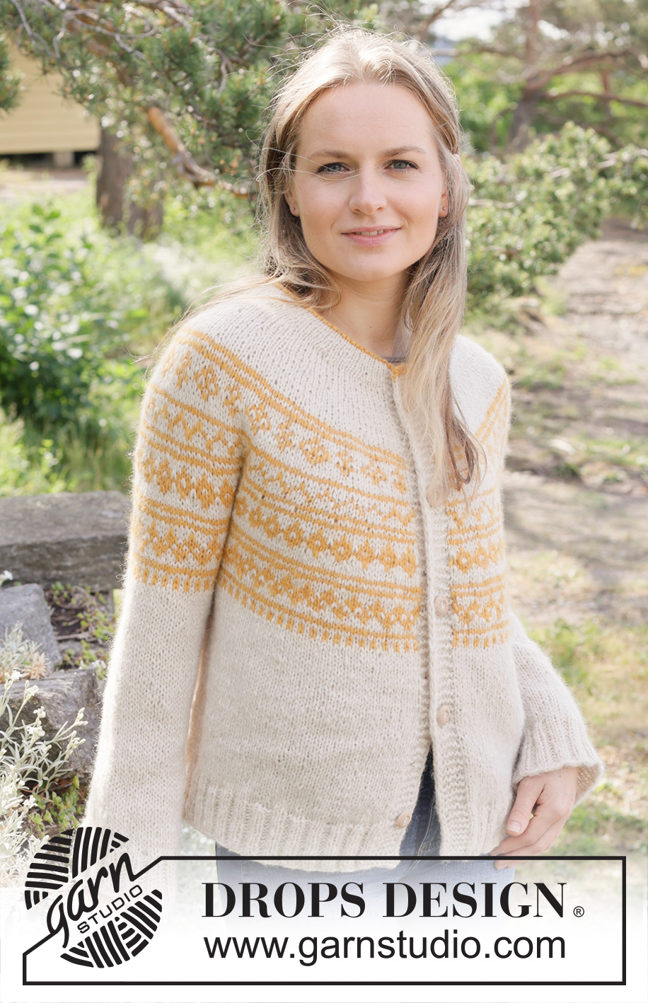 Sun Wreath Cardigan / DROPS 255-14 - Knitted jacket in DROPS Air. Piece is knitted top down with round yoke, Nordic pattern, double neck edge and i-cord. Size: S - XXXL