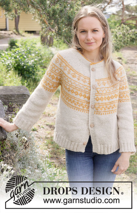 Sun Wreath Cardigan / DROPS 255-14 - Knitted jacket in DROPS Air. Piece is knitted top down with round yoke, Nordic pattern, double neck edge and i-cord. Size: S - XXXL