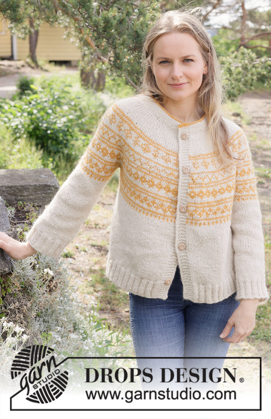 Sun Wreath Cardigan / DROPS 255-14 - Knitted jacket in DROPS Air. Piece is knitted top down with round yoke, Nordic pattern, double neck edge and i-cord. Size: S - XXXL