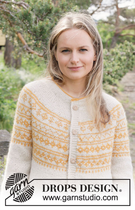 Sun Wreath Cardigan / DROPS 255-14 - Knitted jacket in DROPS Air. Piece is knitted top down with round yoke, Nordic pattern, double neck edge and i-cord. Size: S - XXXL