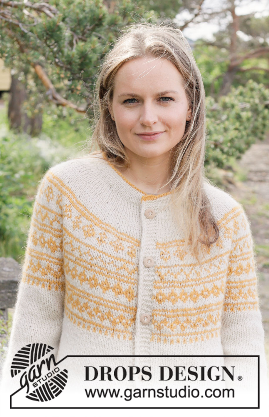 Sun Wreath Cardigan / DROPS 255-14 - Knitted jacket in DROPS Air. Piece is knitted top down with round yoke, Nordic pattern, double neck edge and i-cord. Size: S - XXXL