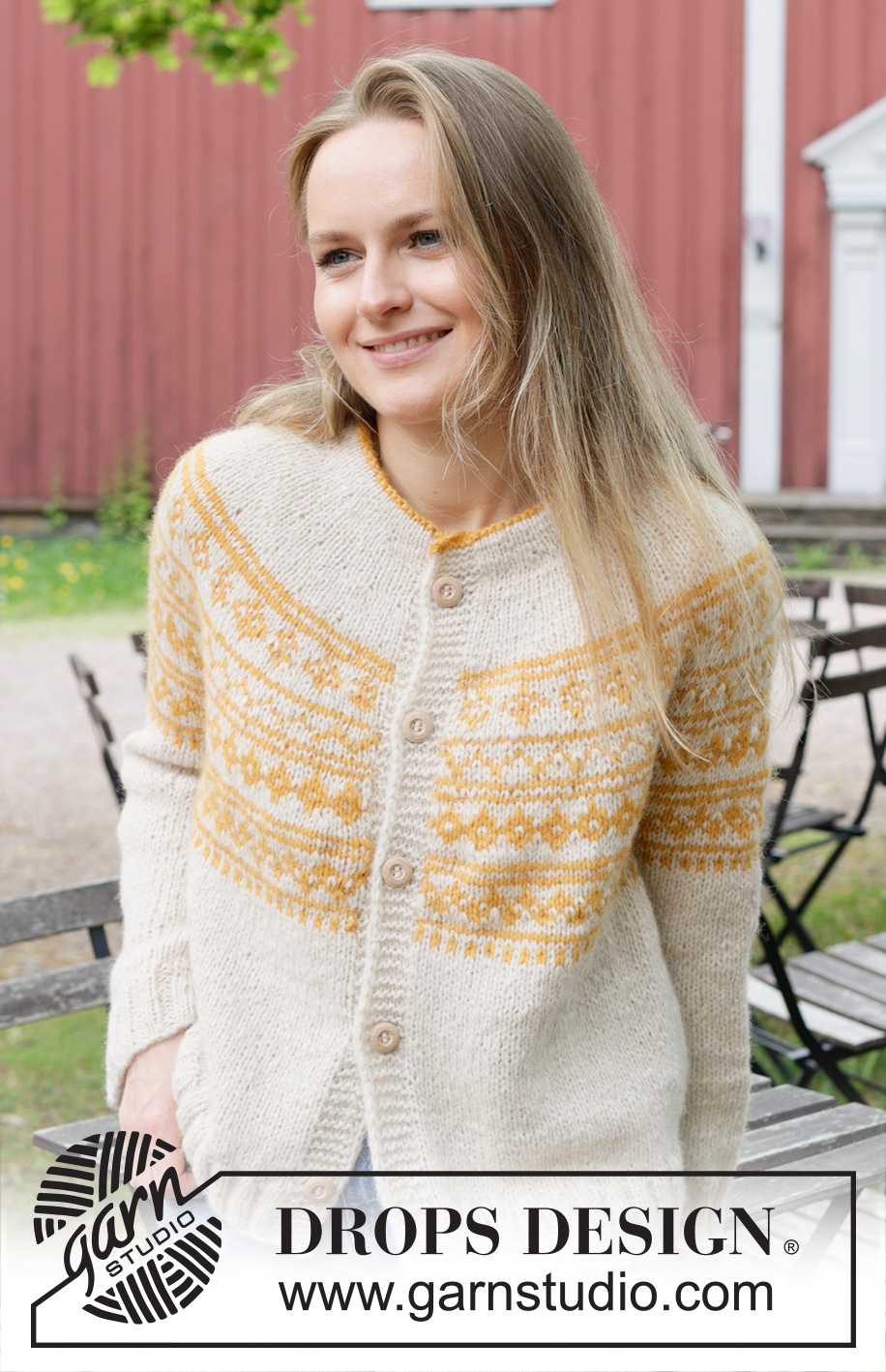 Sun Wreath Cardigan / DROPS 255-14 - Knitted jacket in DROPS Air. Piece is knitted top down with round yoke, Nordic pattern, double neck edge and i-cord. Size: S - XXXL