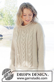 Cable Heart / DROPS 255-15 - Strikket bluse i DROPS Air og DROPS Kid-Silk. Arbejdet strikkes oppefra og ned med europæisk / skrå skulder og snoninger. Størrelse S-XXXL.