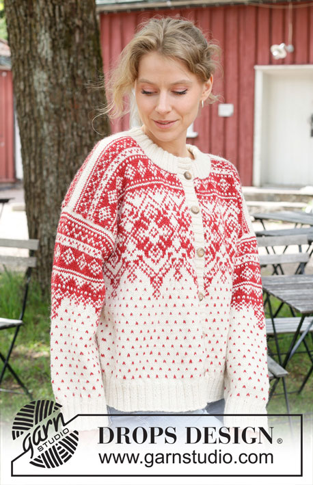 Nordic Flower Cardigan / DROPS 255-18 - Prjónuð peysa úr DROPS Lima eða DROPS Karisma. Stykkið er prjónað ofan frá og niður með norrænu mynstri og tvöföldum kanti í hálsmáli. Stærð S – XXXL.