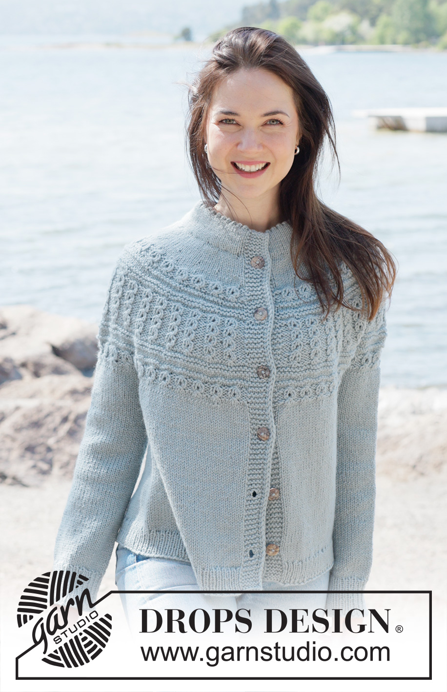Arctic Island Cardigan / DROPS 255-25 - Knitted jacket in DROPS Nepal. Piece is knitted top down with round yoke, lace pattern, relief pattern, double neck edge and i-cord. Size: S - XXXL