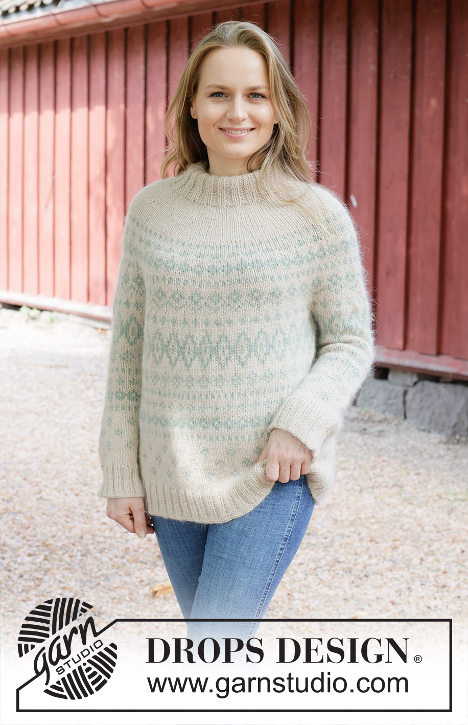 Dream Echoes / DROPS 255-27 - Gestrickter Pullover in DROPS Lima und DROPS Kid-Silk oder DROPS Daisy und DROPS Kid-Silk. Die Arbeit wird von oben nach unten mit Rundpasse, nordischem Muster und doppelter Halsblende gestrickt. Größe S - XXXL.