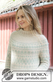 Dream Echoes / DROPS 255-27 - Gestrickter Pullover in DROPS Lima und DROPS Kid-Silk oder DROPS Daisy und DROPS Kid-Silk. Die Arbeit wird von oben nach unten mit Rundpasse, nordischem Muster und doppelter Halsblende gestrickt. Größe S - XXXL.