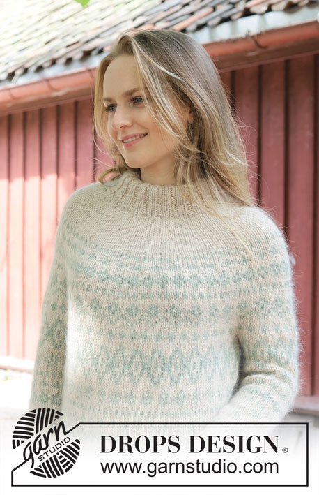 Dream Echoes / DROPS 255-27 - Gestrickter Pullover in DROPS Lima und DROPS Kid-Silk oder DROPS Daisy und DROPS Kid-Silk. Die Arbeit wird von oben nach unten mit Rundpasse, nordischem Muster und doppelter Halsblende gestrickt. Größe S - XXXL.