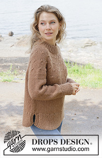 Chestnut Season / DROPS 255-30 - Gestrickter Pullover in DROPS Andes oder DROPS Snow. Die Arbeit wird von oben nach unten glatt rechts mit Rundpasse, doppelter Halsblende, I-Cord und Seitenschlitzen gestrickt. Größe S - XXXL.