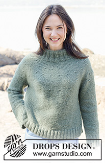 Emerald Embrace / DROPS 255-34 - Knitted jumper in DROPS Air. Piece is knitted top down in stocking stitch with round yoke, double neck edge and vents in the sides. Size: S - XXXL