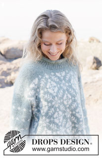 Snowflake Sky / DROPS 255-35 - Maglione over-sized lavorato ai ferri DROPS Air. Lavorato dall’alto in basso con spalle europee /diagonali, motivo nordico e bordo del collo arrotolato. Taglie: XS - XXXL.