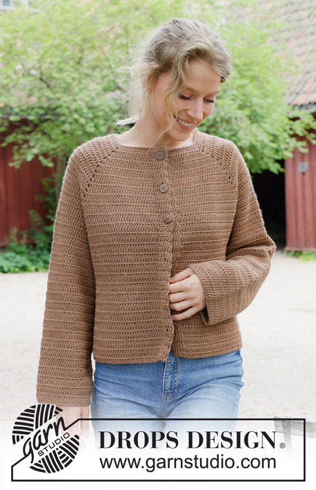 Caramel Apple Cardigan / DROPS 255-38 - Crocheted jacket in DROPS Daisy. The piece is worked top down with raglan. Sizes S - XXXL.