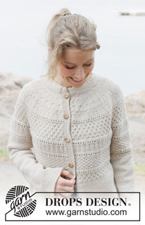 Wicker Island Cardigan / DROPS 255-4 - Prjónuð peysa úr DROPS Daisy eða DROPS Merino Extra Fine. Stykkið er prjónað ofan frá og niður með hringlaga berustykki, áferðamynstri, býkúpumynstri og tvöföldum kanti í hálsmáli. Stærð S - XXXL.