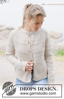 Wicker Island Cardigan / DROPS 255-4 - Prjónuð peysa úr DROPS Daisy eða DROPS Merino Extra Fine. Stykkið er prjónað ofan frá og niður með hringlaga berustykki, áferðamynstri, býkúpumynstri og tvöföldum kanti í hálsmáli. Stærð S - XXXL.