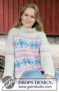 Frozen Bloom / DROPS 255-5 - Knitted over-size jumper in DROPS Air. The piece is worked top down with European/diagonal shoulders, Nordic pattern with stars and double neck. Sizes S - XXXL.