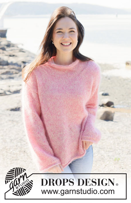Pink Melody / DROPS 255-6 - Gebreide trui in 4 draden DROPS Kid-Silk. Het werk wordt van boven naar beneden gebreid met Europeaanse / diagonale schouder. Maat: S - XXXL