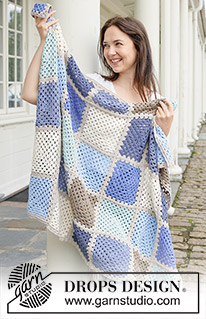 Arctic Squares Blanket / DROPS 256-14 - Virkattu peitto DROPS Cotton Light -langasta. Työssä on isoäidinneliöitä.