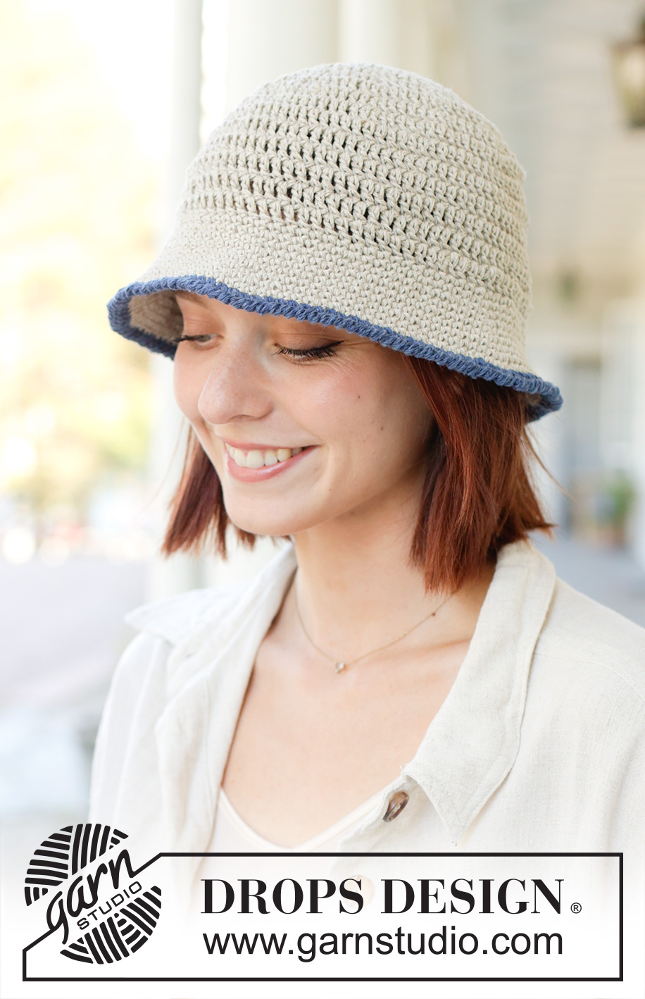 Kiss Me Kate / DROPS 256-7 - Crocheted hat in DROPS Bomull-Lin. The piece is worked top down, with treble and double crochets and an edge of lobster stitch.